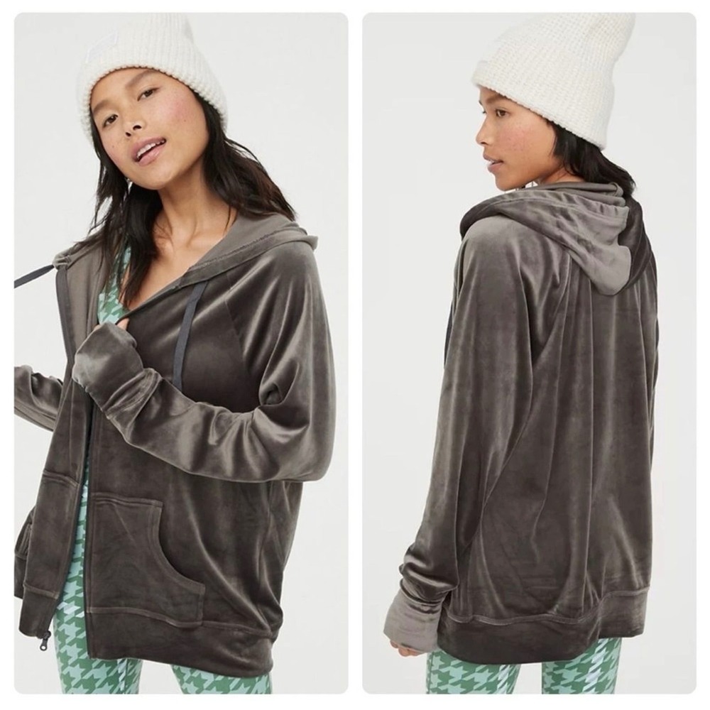 Aerie After‎ Party Velour Oversized Zip Hoodie Smoked Gray M Cozy Plush Lounge
